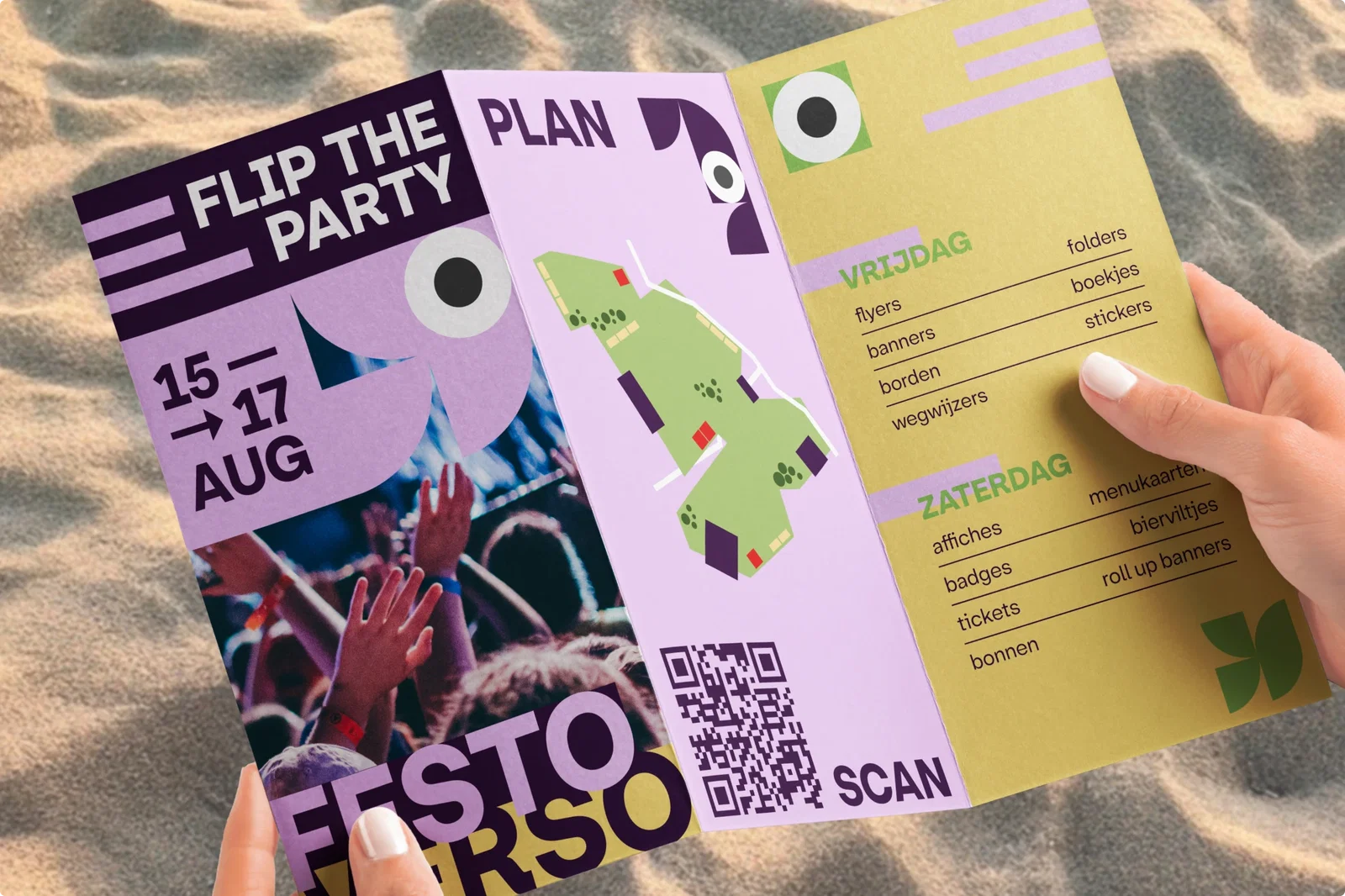 3-luik folder gedrukt als een festival plannetje