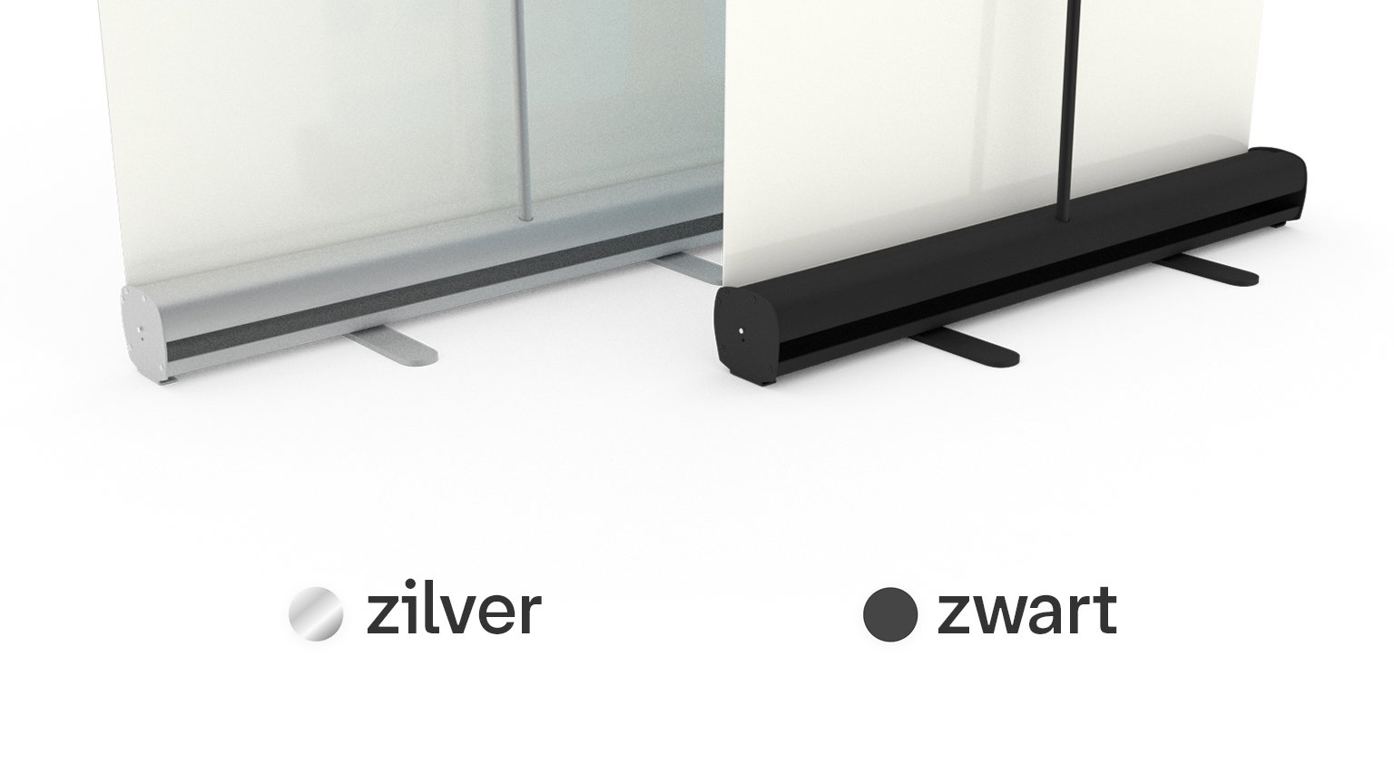 Een roll-up banner in een zilveren en zwarte economy cassette.