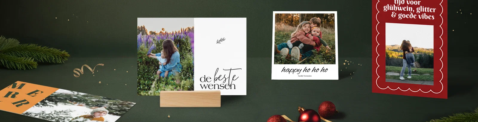 Collectie wenskaarten voor kerst op A6, US, carré en 2-luik formaten.